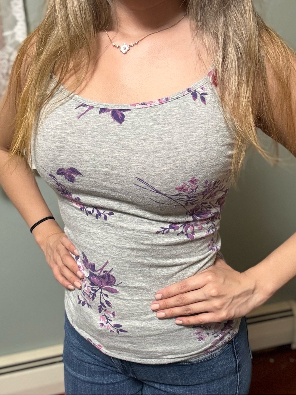 AERO Floral-Print Gray Tank Top with Purple Accents